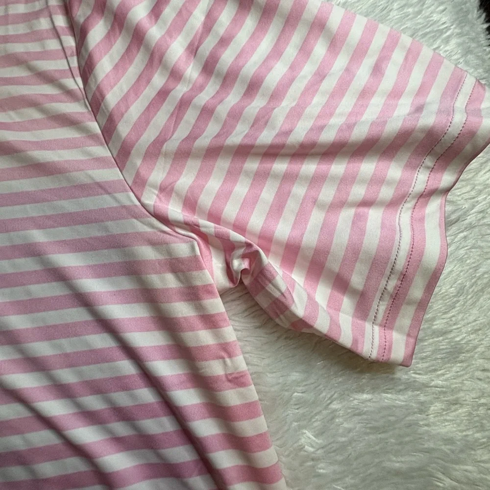 RLX Ralph Lauren Wicki Performance Golf Polo Shirt pink and white stripe Sz L